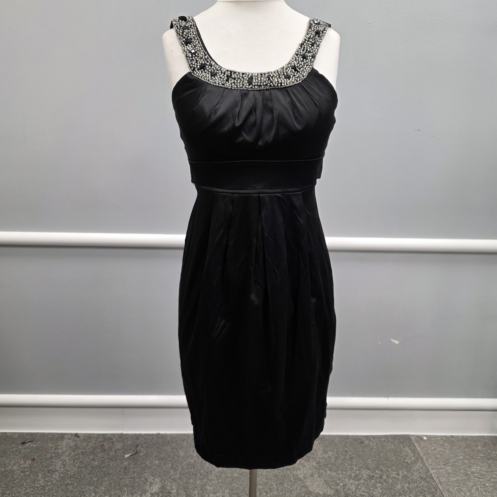 David's Bridal Black Satin Mini Dress with Embellished Neckline